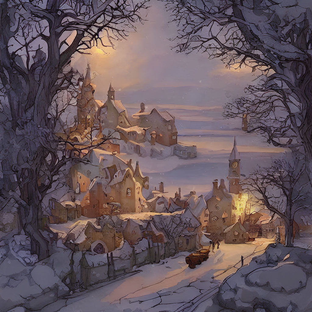 Snowy village at dusk: Horse-drawn sleigh, glowing windows