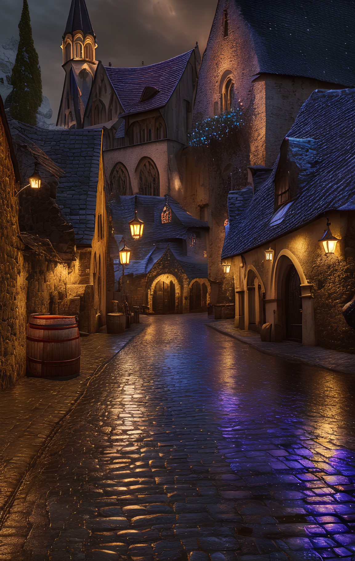 Medieval village cobblestone street at dusk with warm lights and church.