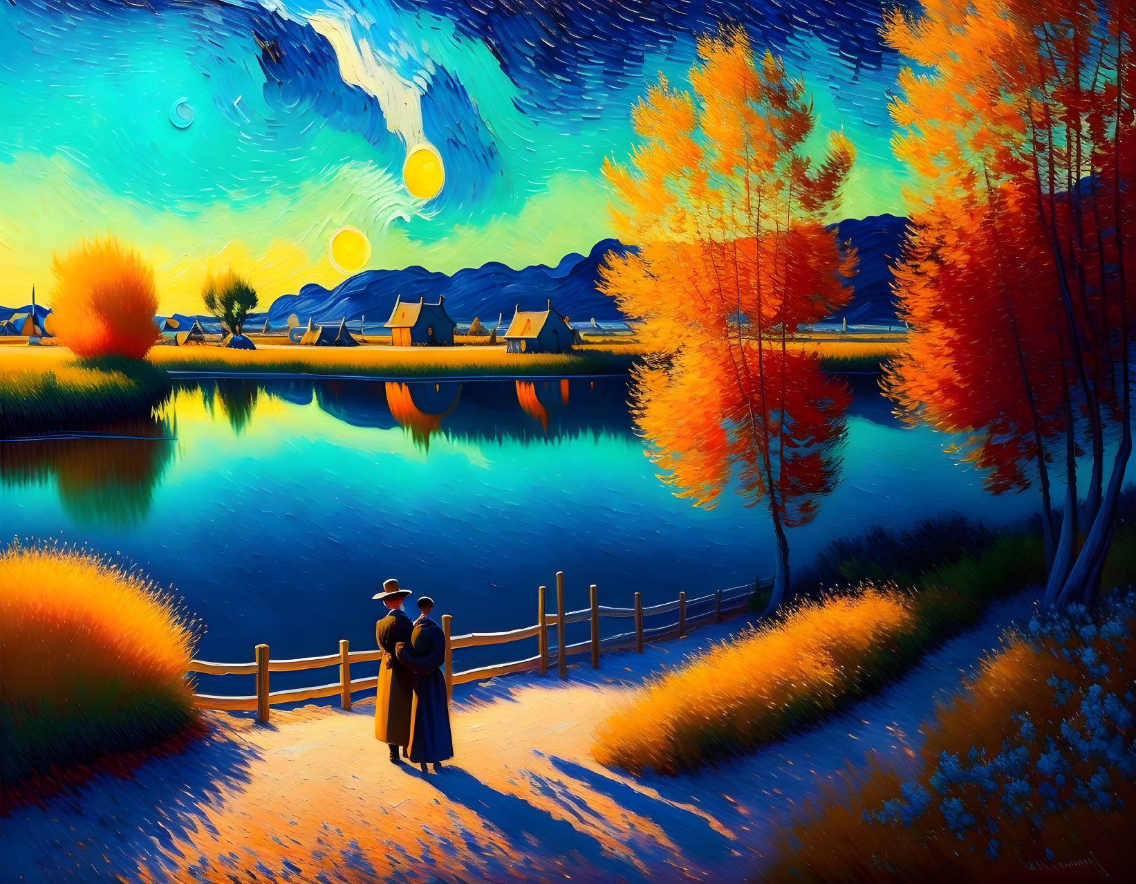 Colorful autumn landscape with trees, couple by lake, multiple moons in whimsical sky