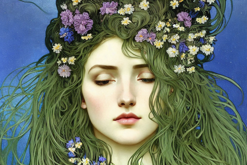 Portrait of Woman with Flowing Green Hair and Flower Wreath on Blue Background