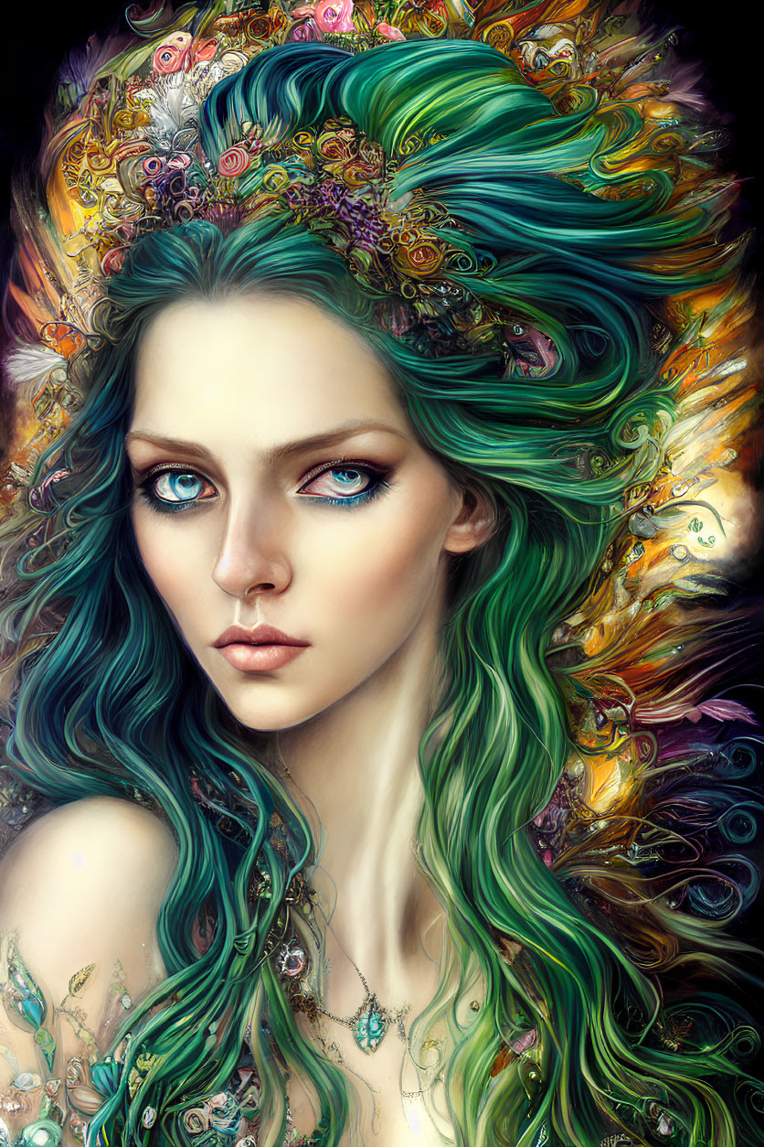 Ethereal woman with swirling green hair and ornate accessories