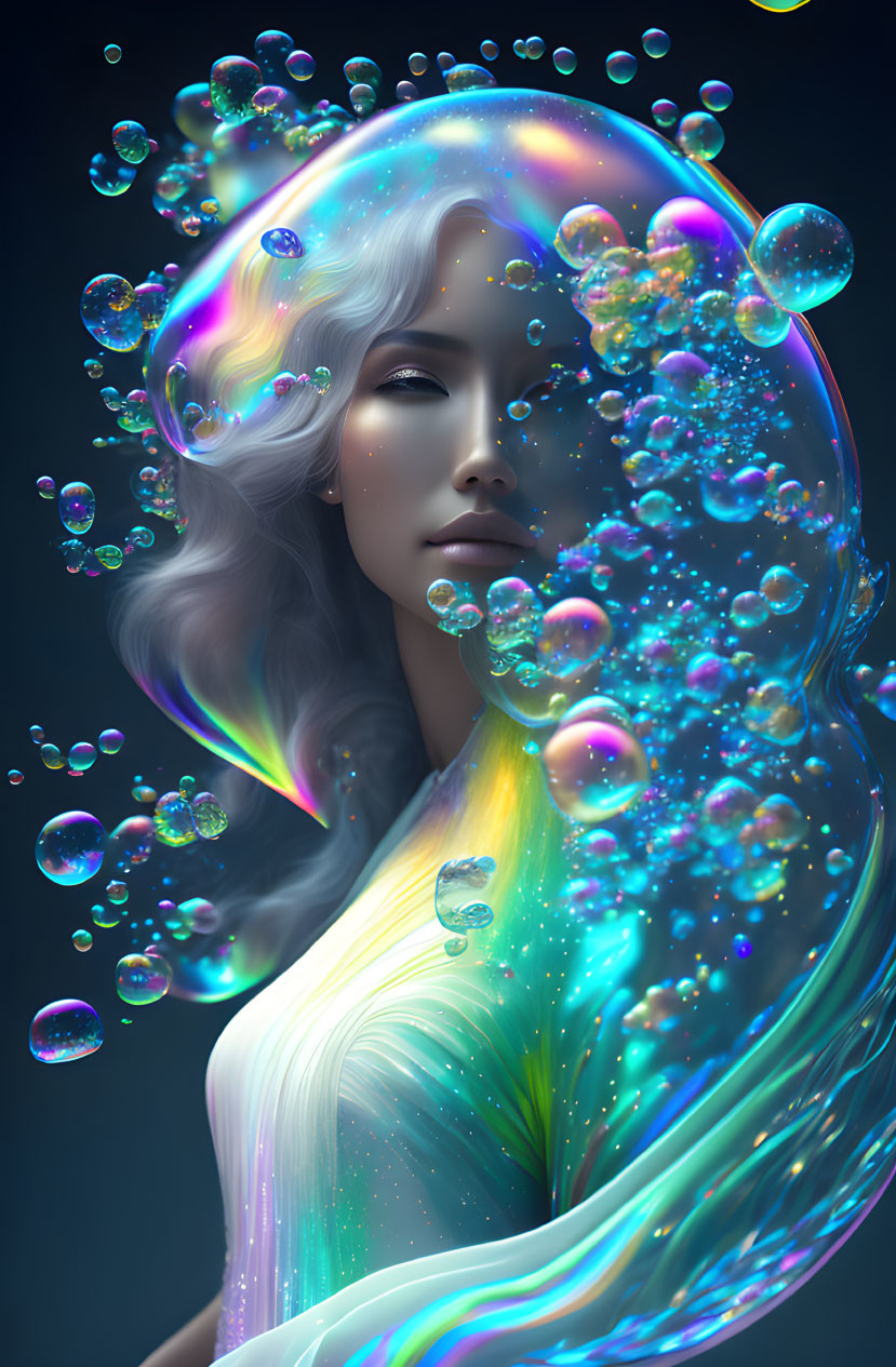 Colorful digital artwork of woman's profile with iridescent bubbles on dark backdrop