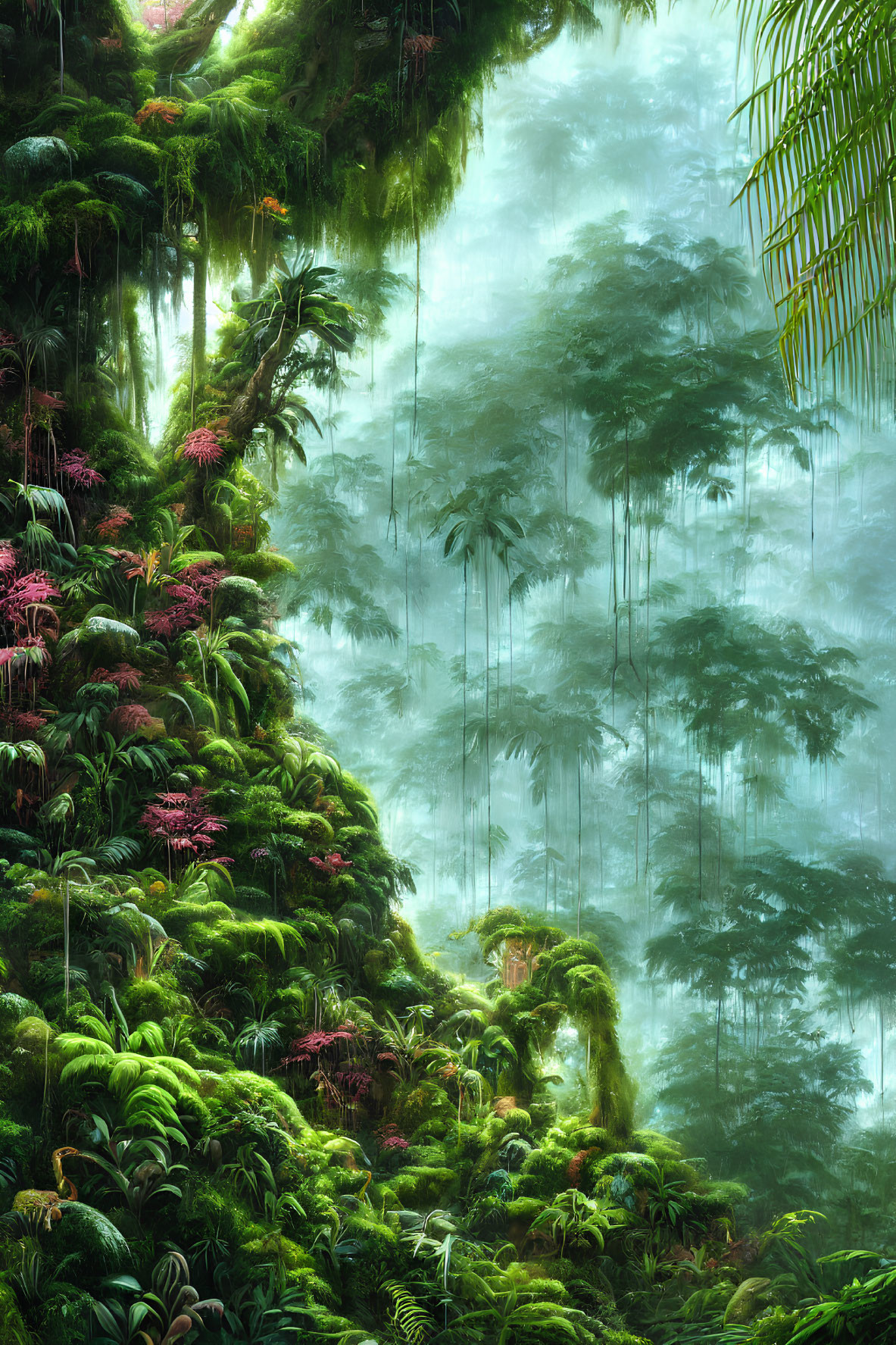 Lush Green Forest with Pink Flowers and Misty Atmosphere