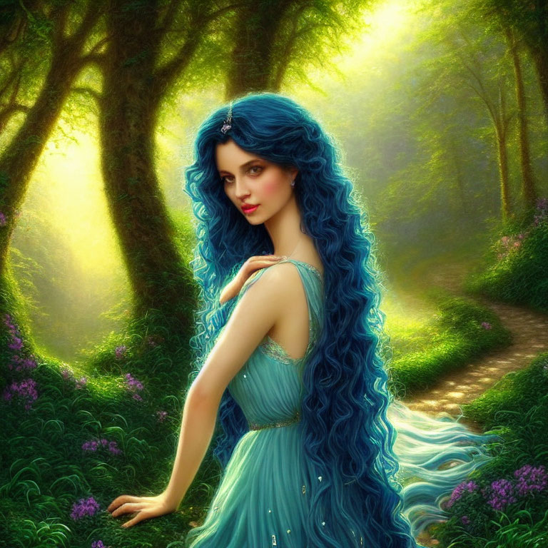 Blue-haired woman in green forest with sunlight, blue dress, looking back