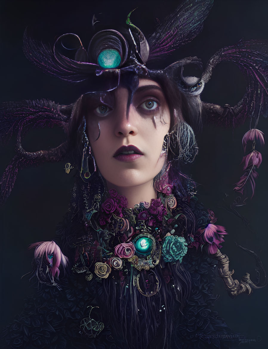 Ornate dark headpiece with feathers and jeweled eye-centerpiece portrait.