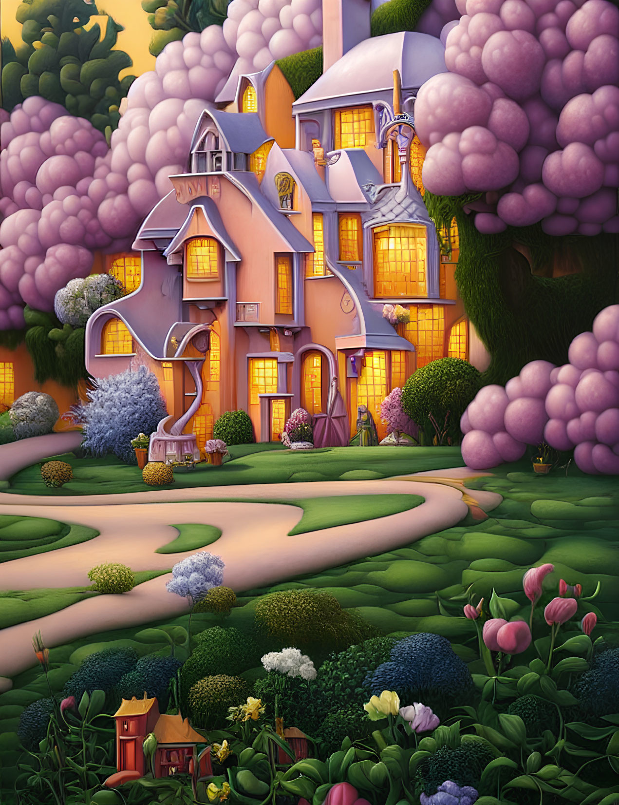 Colorful illustration of a cozy orange house with purple towers in a whimsical garden setting at twilight