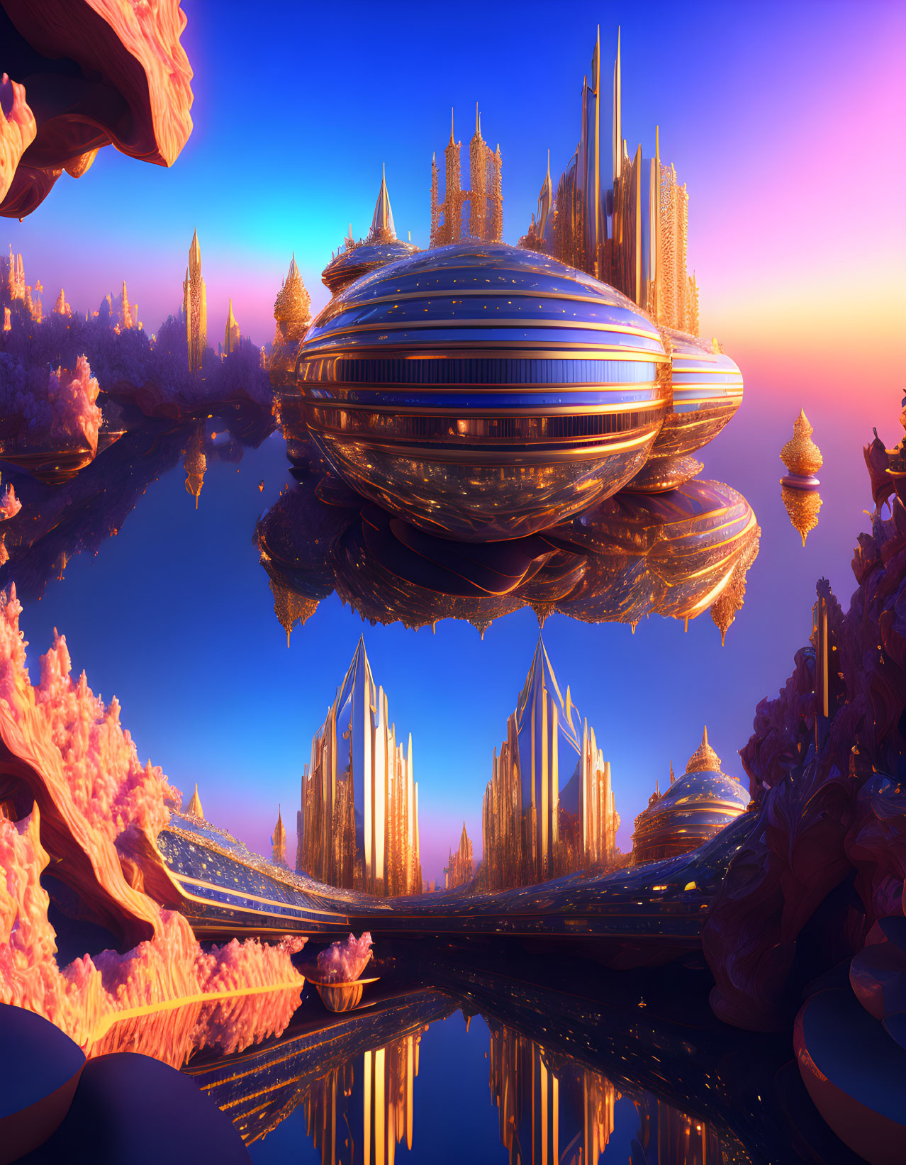Futuristic cityscape with metallic structures reflected in water at dawn or dusk