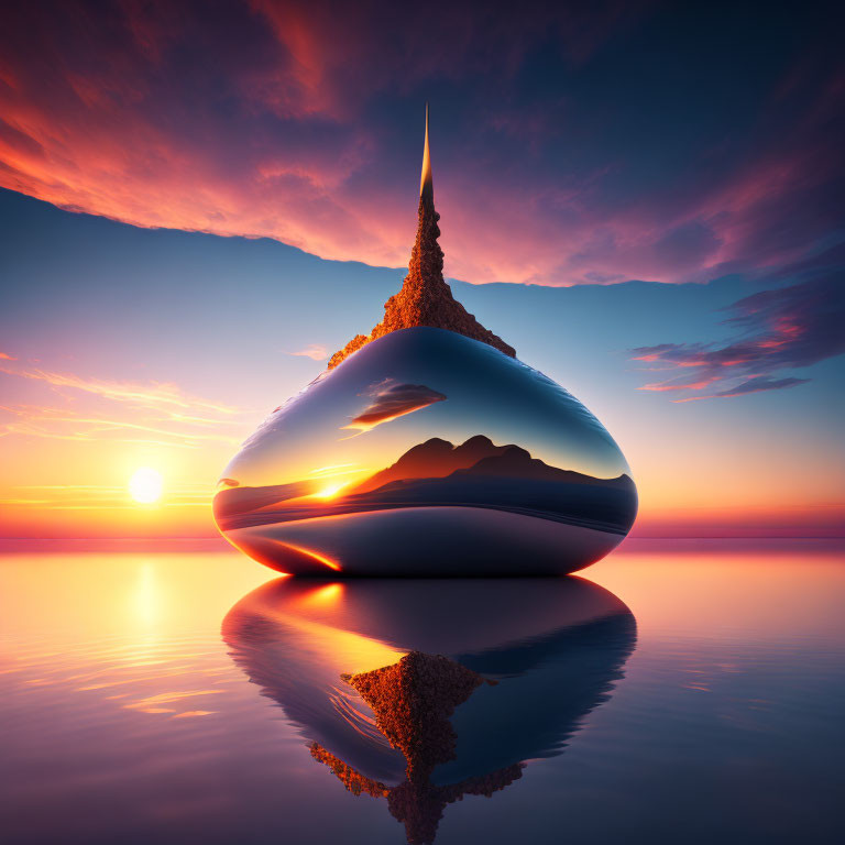 Surreal landscape with reflective egg-shaped object and spire against vibrant sunset and calm waters