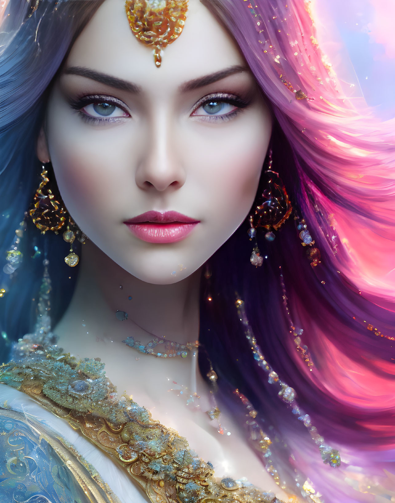 Illustration of woman with blue eyes, golden jewelry, pink and purple hair