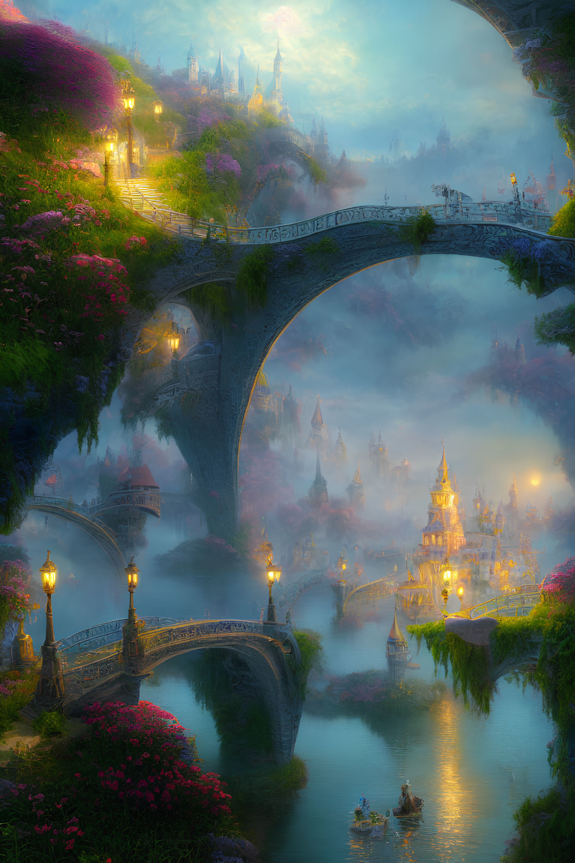 Twilight fantasy landscape with illuminated bridges, misty buildings, and flowering trees