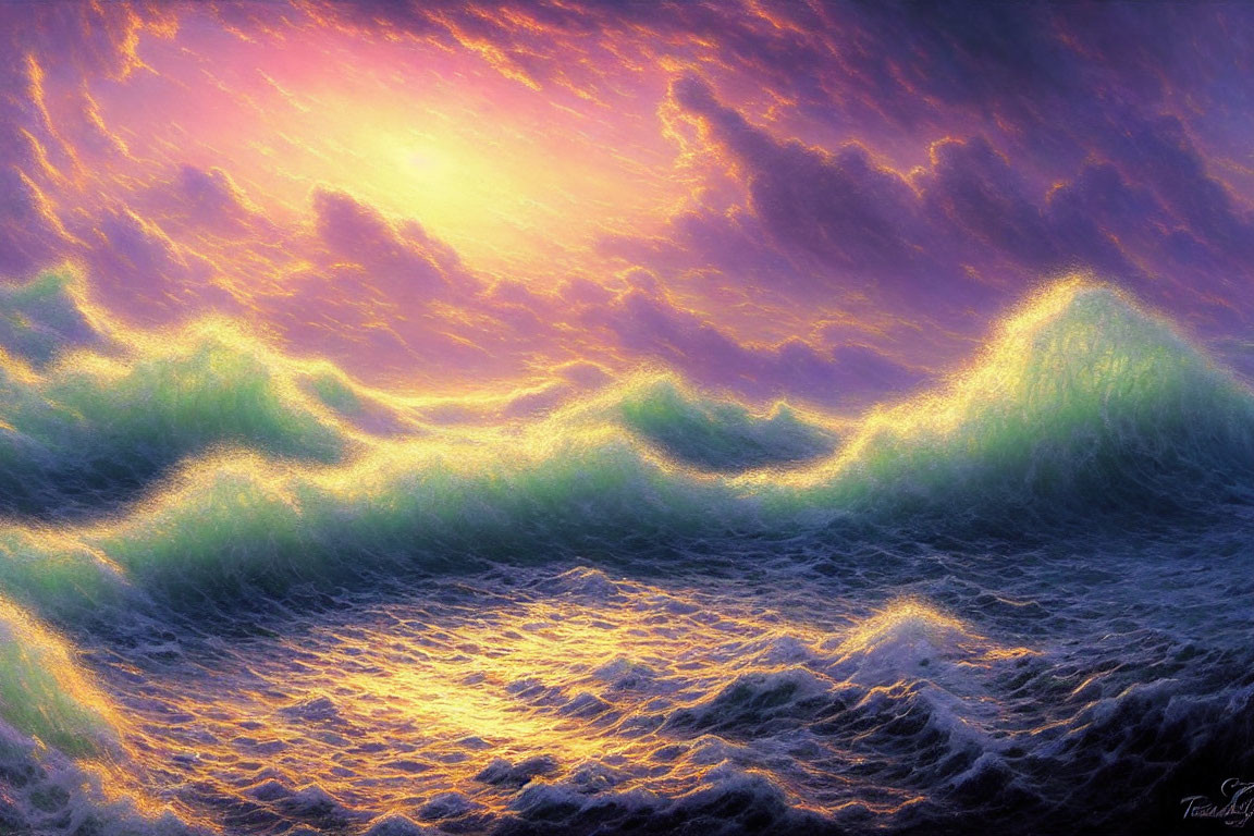 Vibrant digital artwork: Luminous ocean waves under dramatic sunset sky