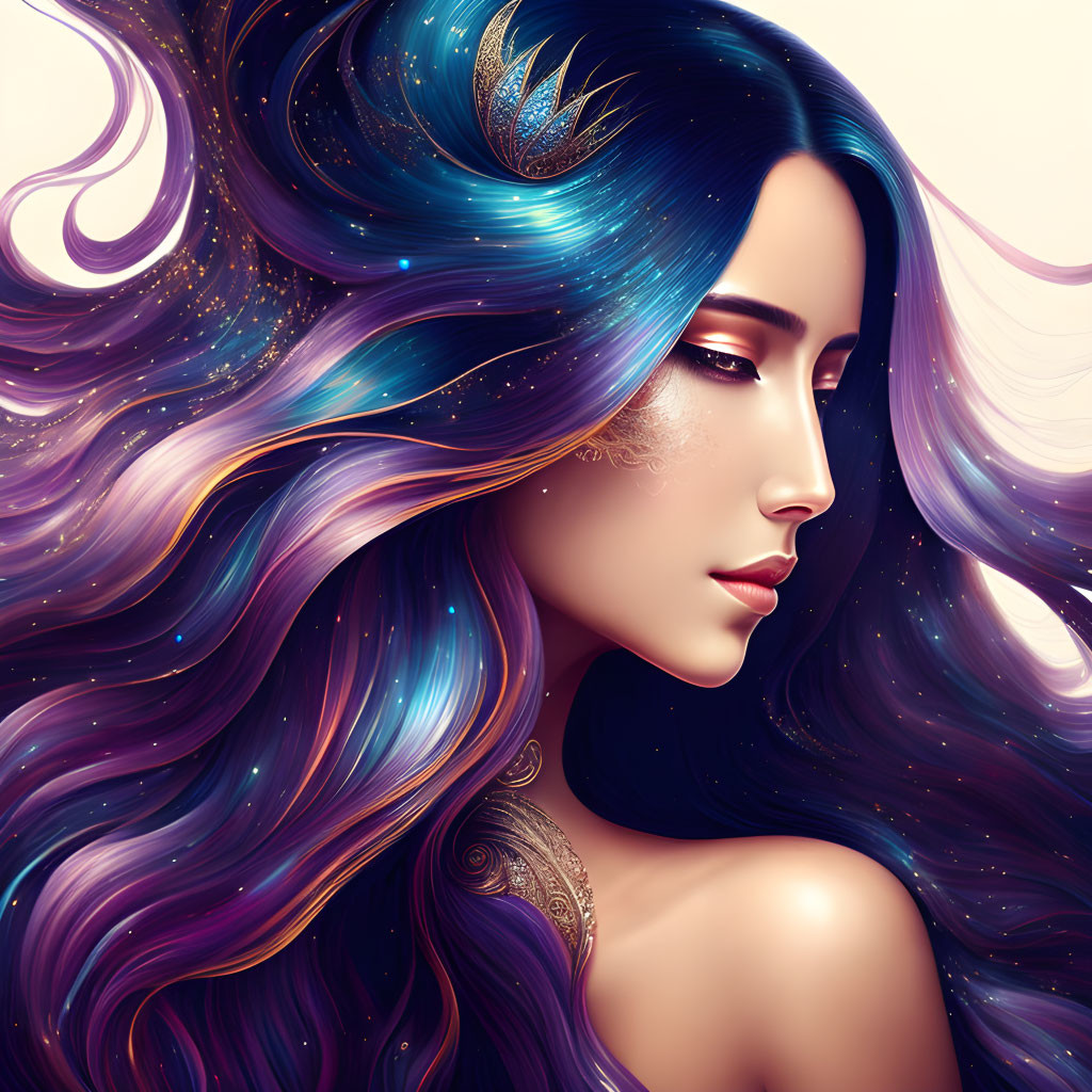 Woman with Dark Purple to Blue Galaxy Hair Illustration