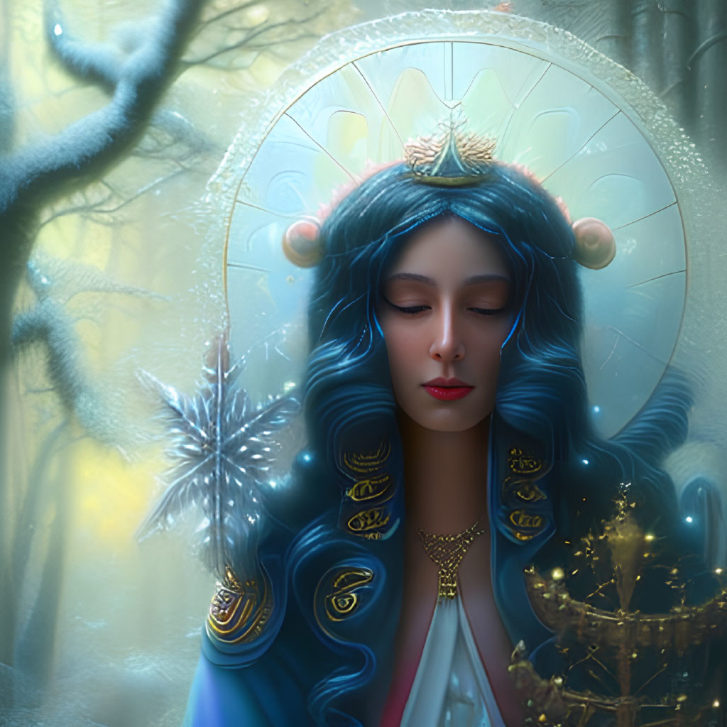 Blue-haired woman with halo in regal attire in mystical forest