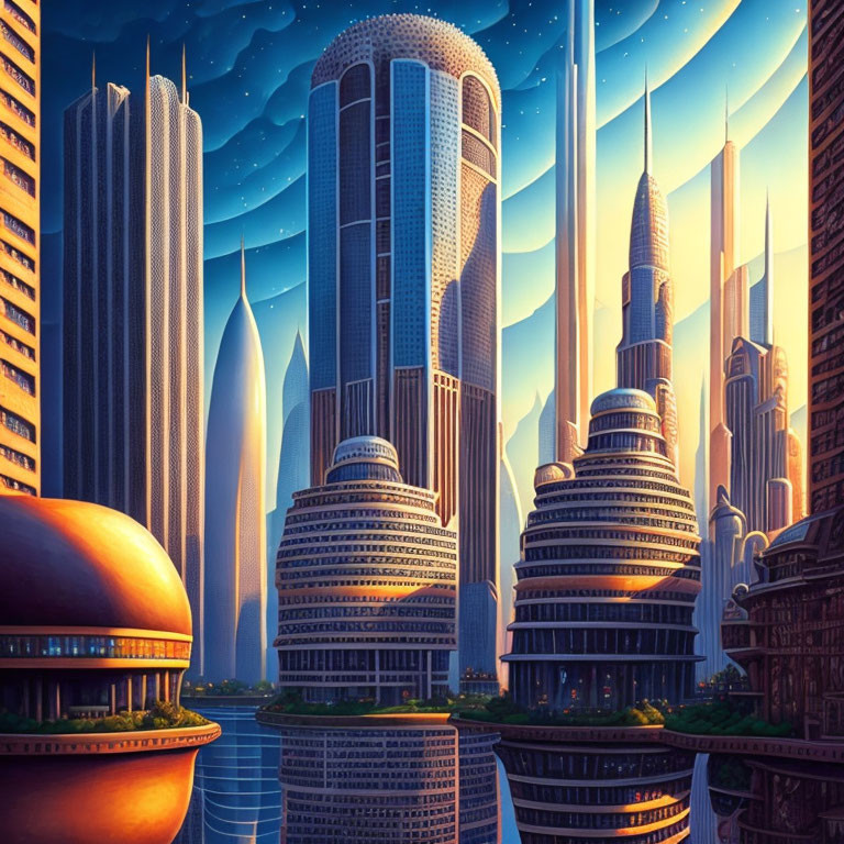 Futuristic cityscape at dusk: towering skyscrapers, glowing lights, clear starry sky