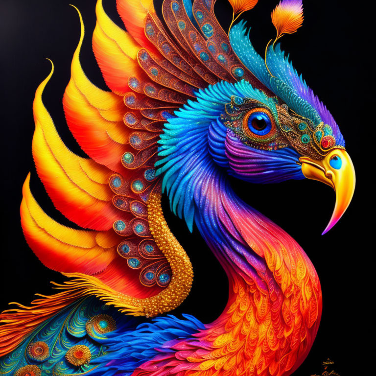 Colorful Stylized Peacock Artwork with Fiery Red-Orange Tail Feathers