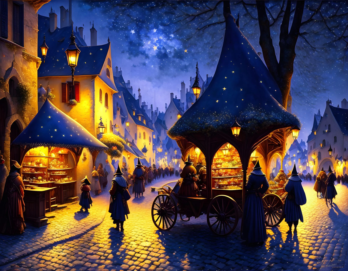 Night Market Scene with Starry Skies and Historic Attire Townsfolk