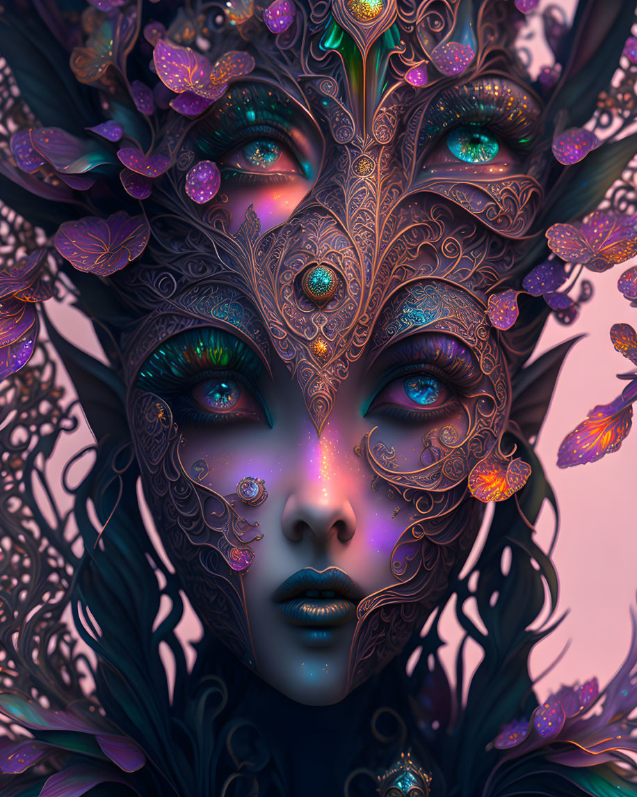 Digital artwork featuring female with violet skin and peacock-inspired designs