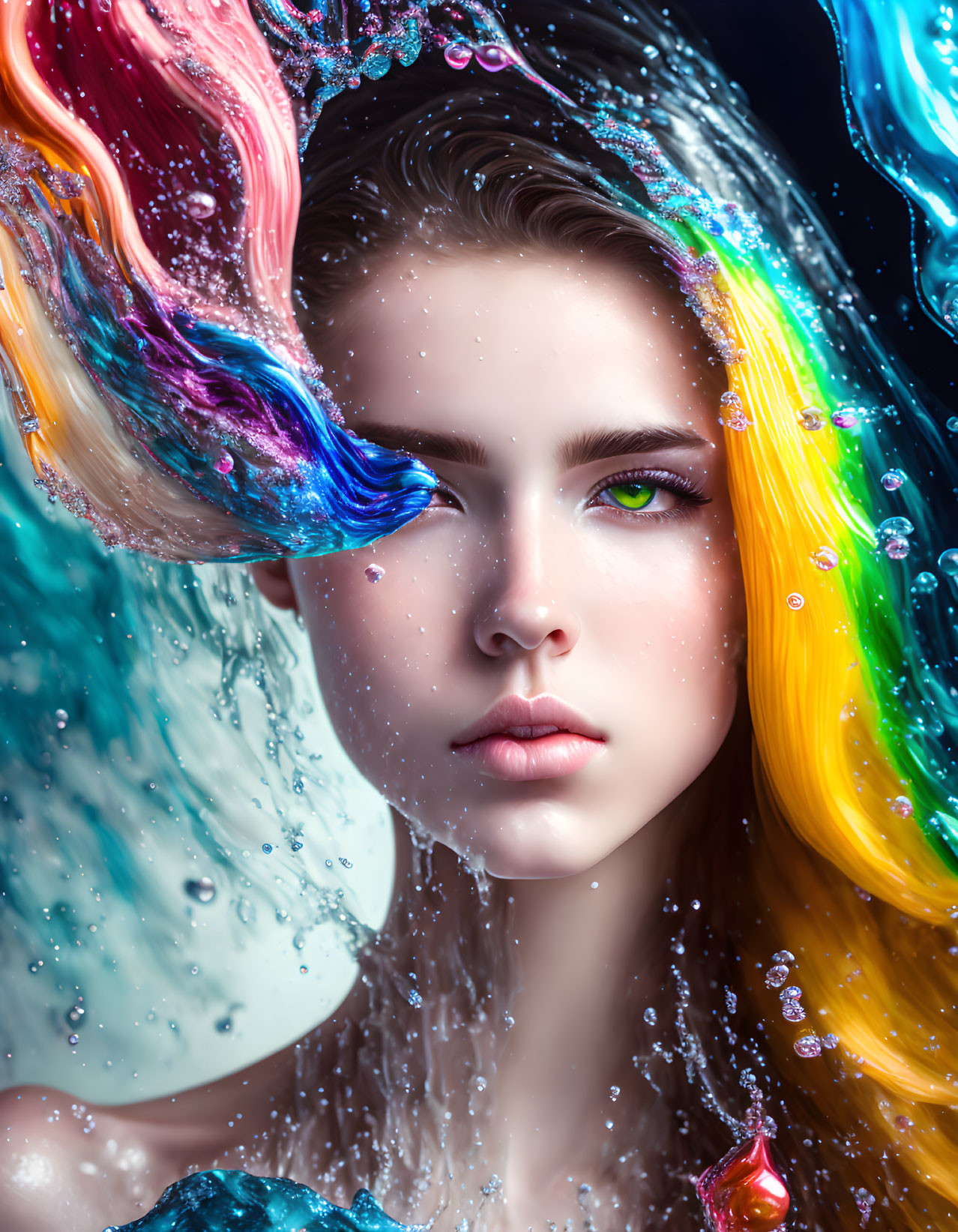 Colorful Woman Submerged in Water with Flowing Hair