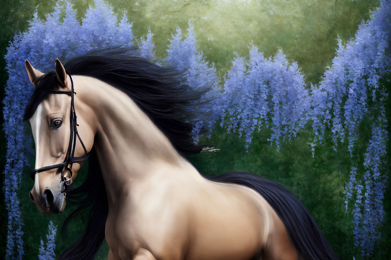 Brown horse with black mane and blue bridle in purple wisteria field