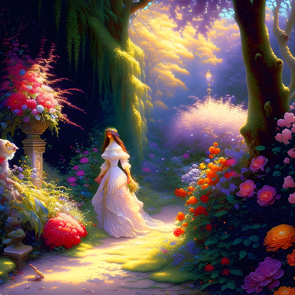 Woman in white dress gazes at vibrant enchanted garden with colorful flowers and glowing lantern at dusk