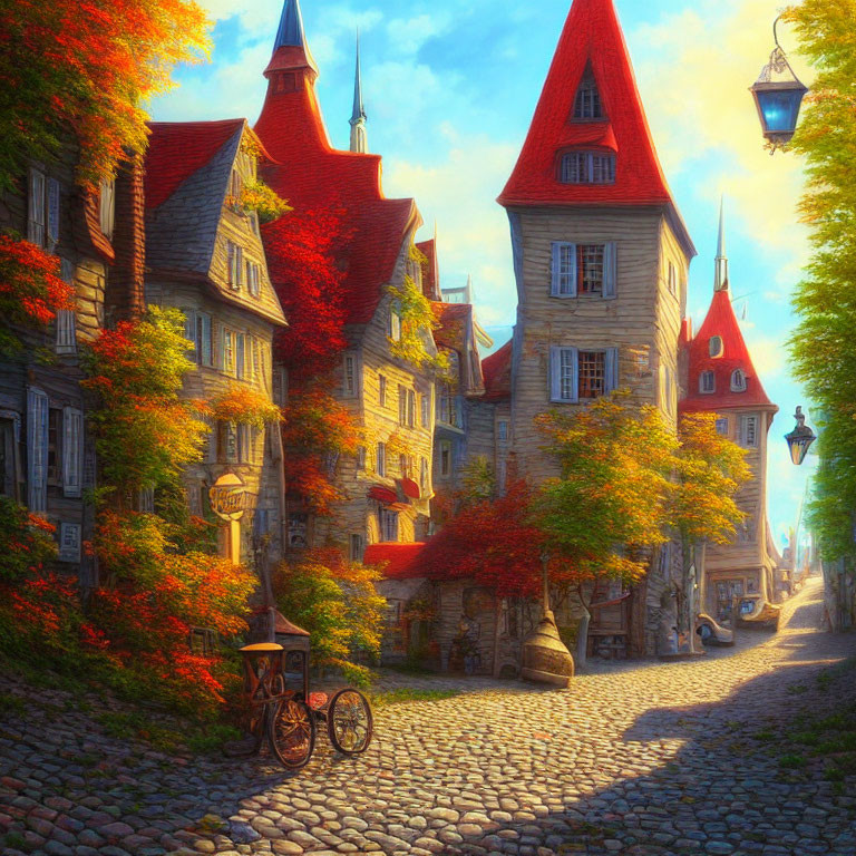 Medieval-style buildings with autumn foliage on cobblestone street