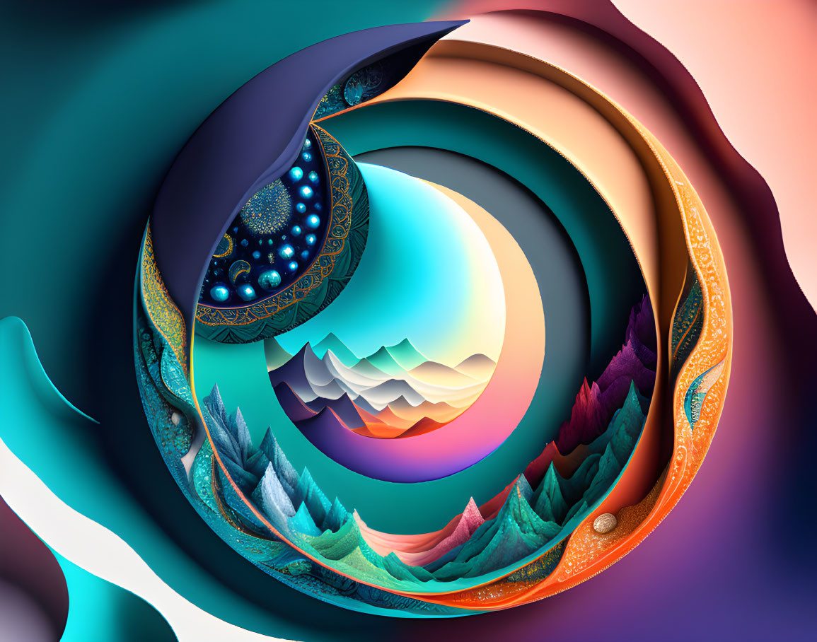 Colorful Abstract Swirls Surround Mountain Landscape