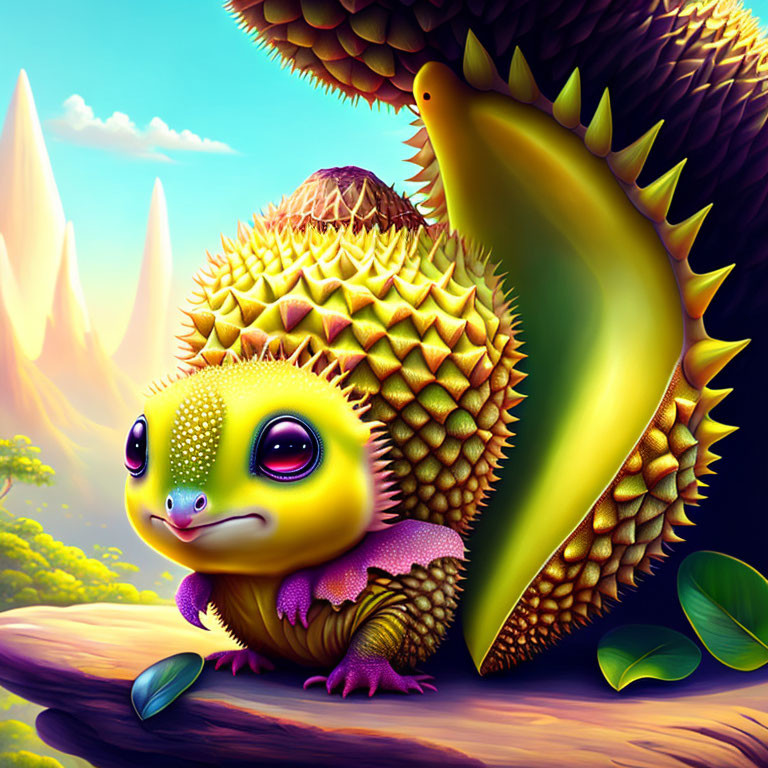 Colorful whimsical creature in fantastical landscape with vibrant flora