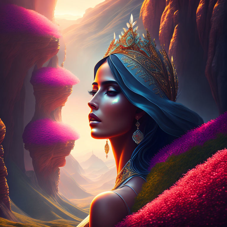 Profile view of woman with regal crown and earrings in fantastical landscape