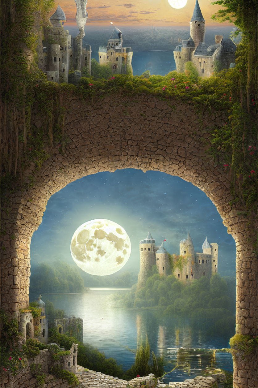 Stone arch frames lake, medieval castles, vivid moon in twilight sky