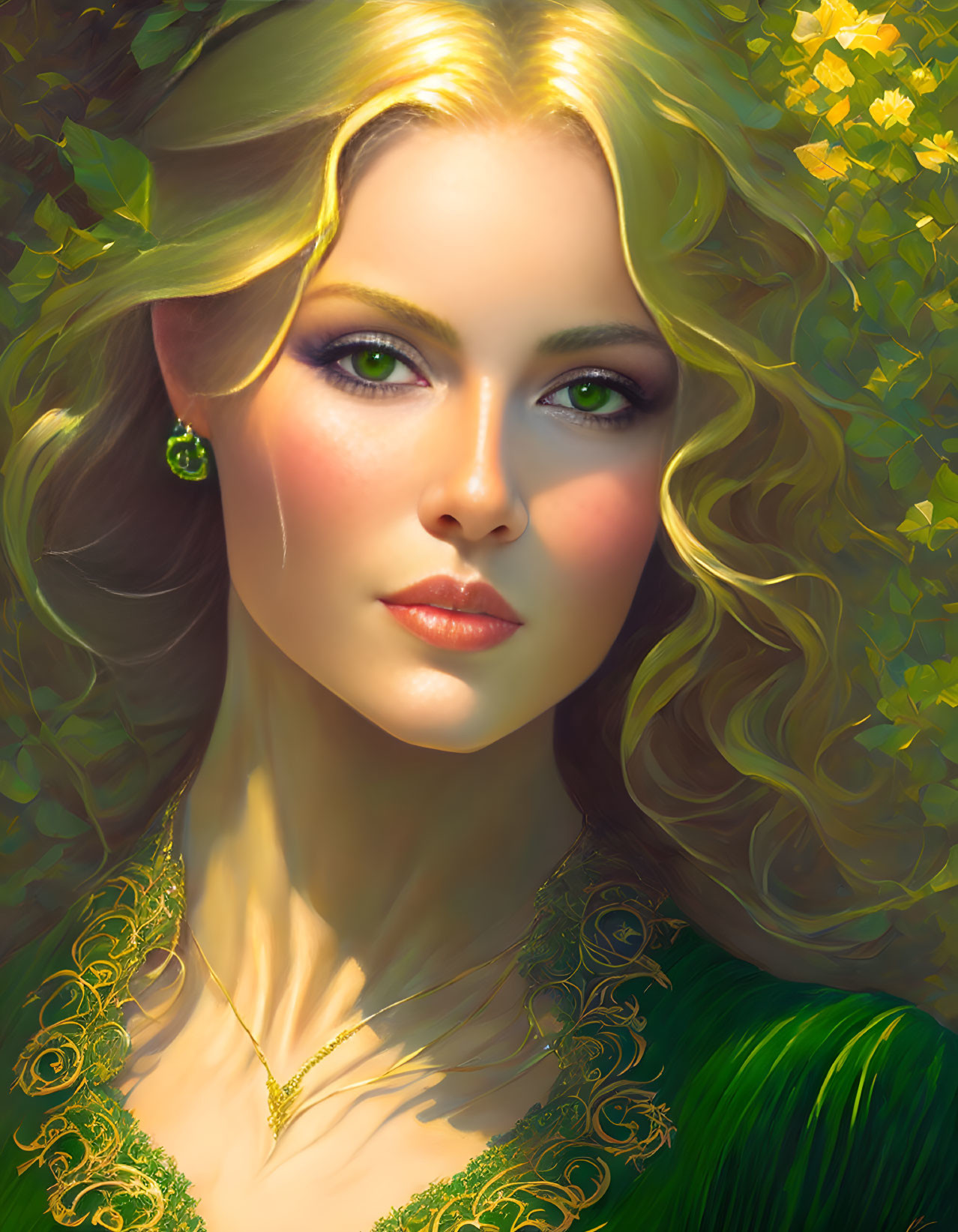 Portrait of woman with green eyes, blonde hair, in green dress, jewelry, surrounded by lush green