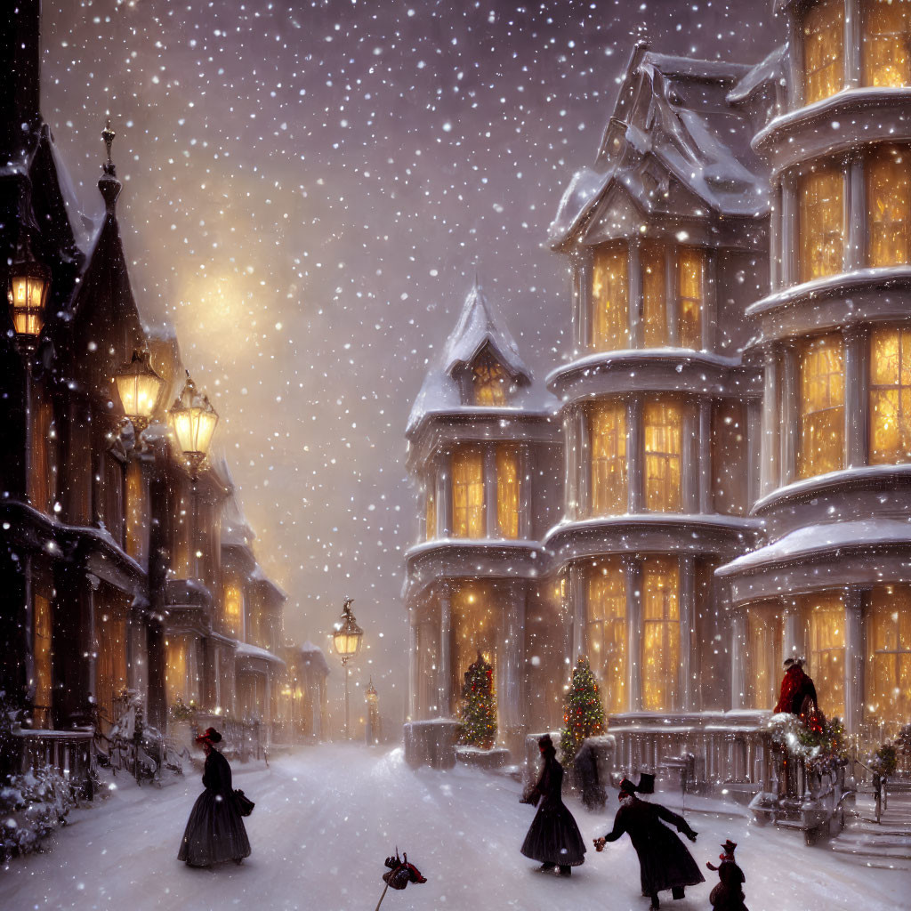 Victorian-style snowy street scene with Christmas decorations