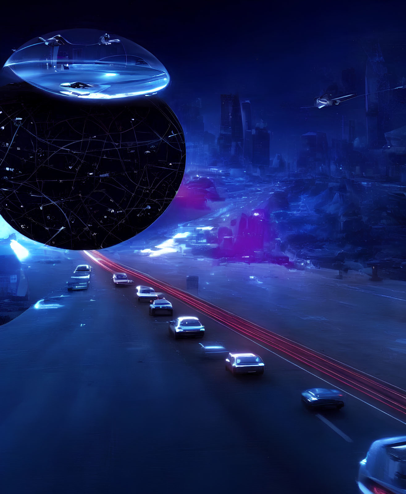 Nighttime futuristic cityscape with highway traffic and hovering flying saucers.