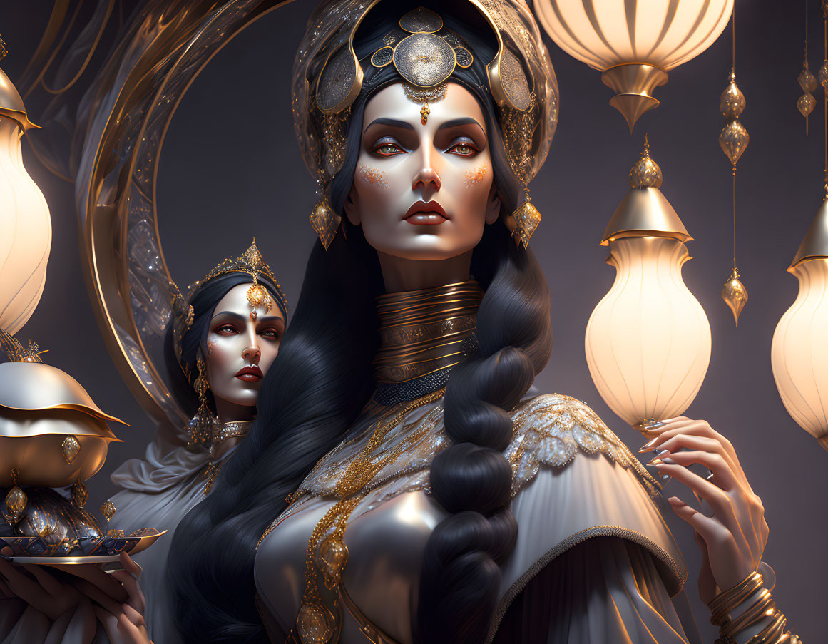 Ornate golden headpieces and jewelry on two women with glowing lanterns in the background