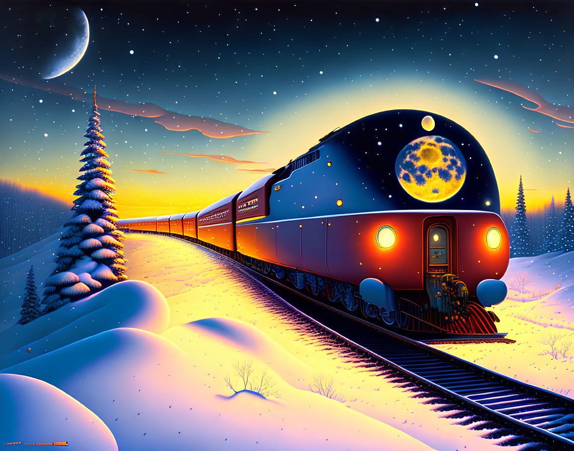 Night Train in Snowy Landscape with Christmas Tree and Starry Sky