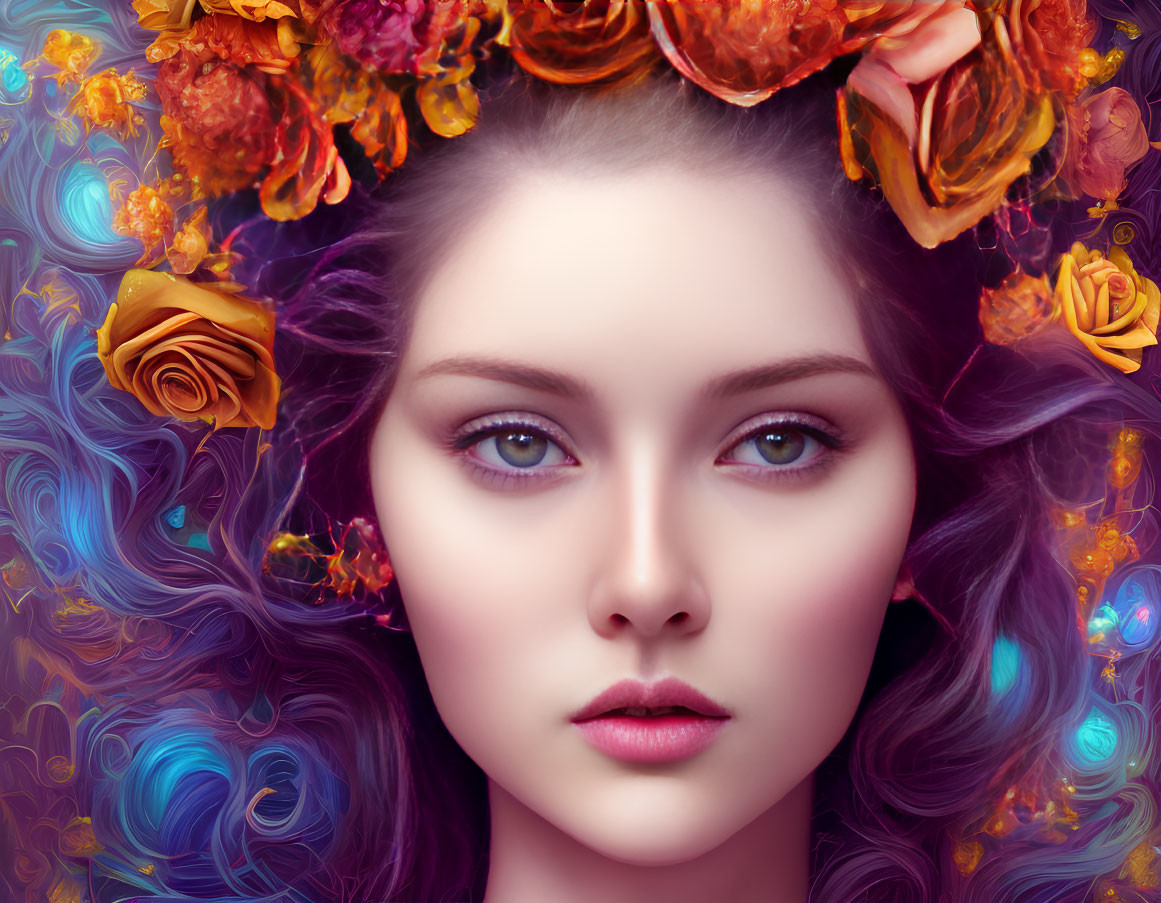 Violet-haired woman with intense eyes and floral adornments on whimsical purple backdrop