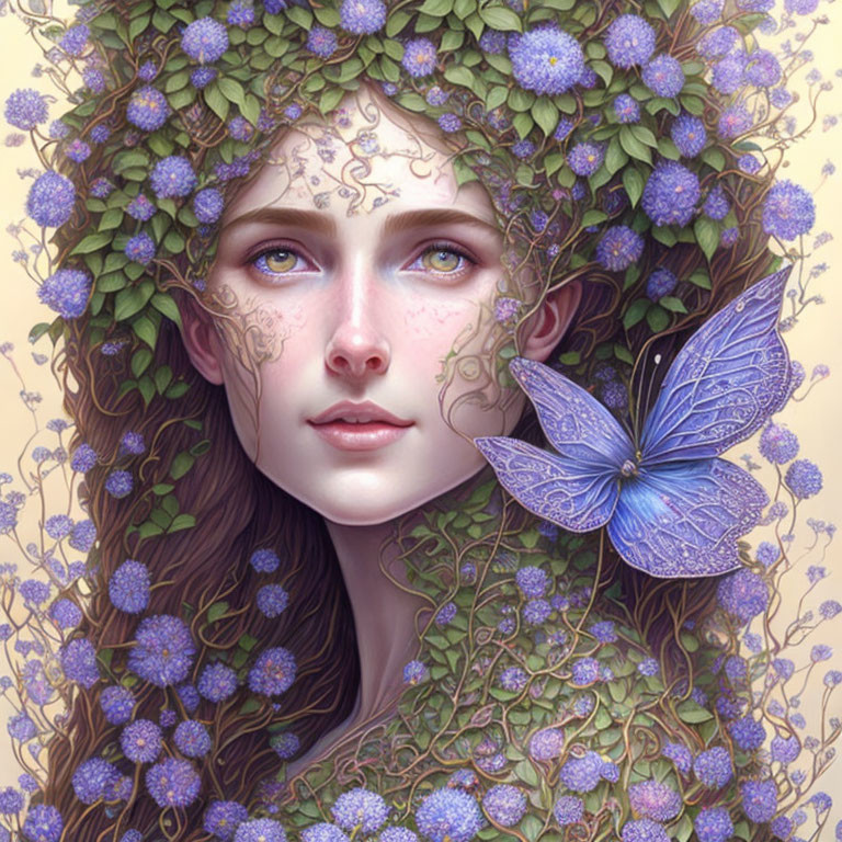 Surreal portrait of woman with floral hair and butterfly