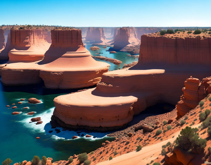 Tranquil Red Sandstone Formations by Calm Blue River