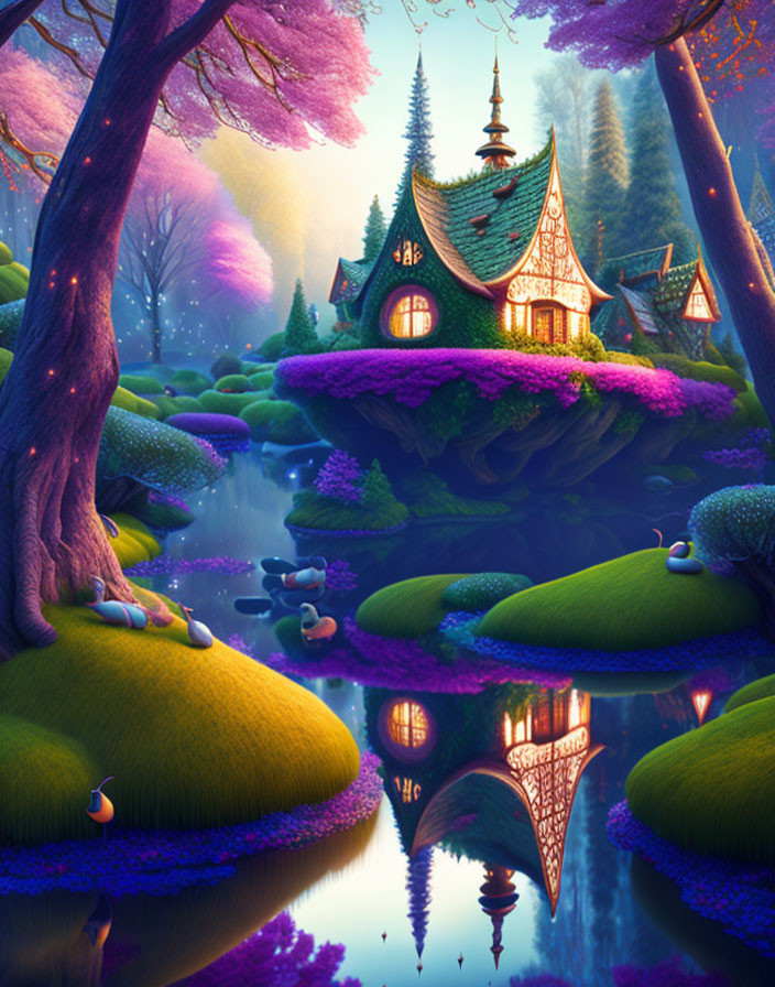 Twilight scenery featuring whimsical cottage on lush island surrounded by vibrant flora and reflective water in magical forest