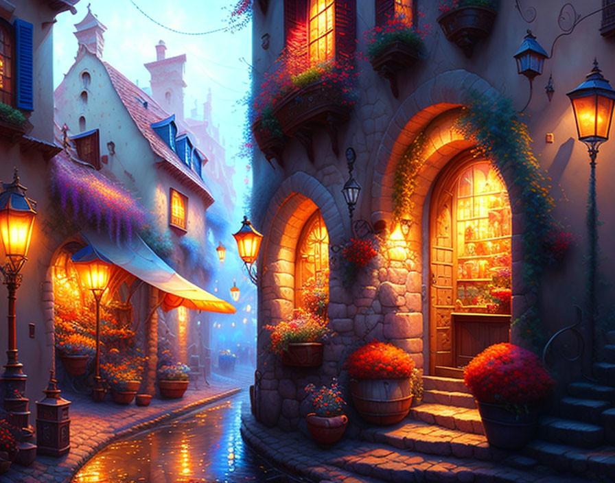 Charming cobblestone street in old town with glowing lamps and vibrant flowers