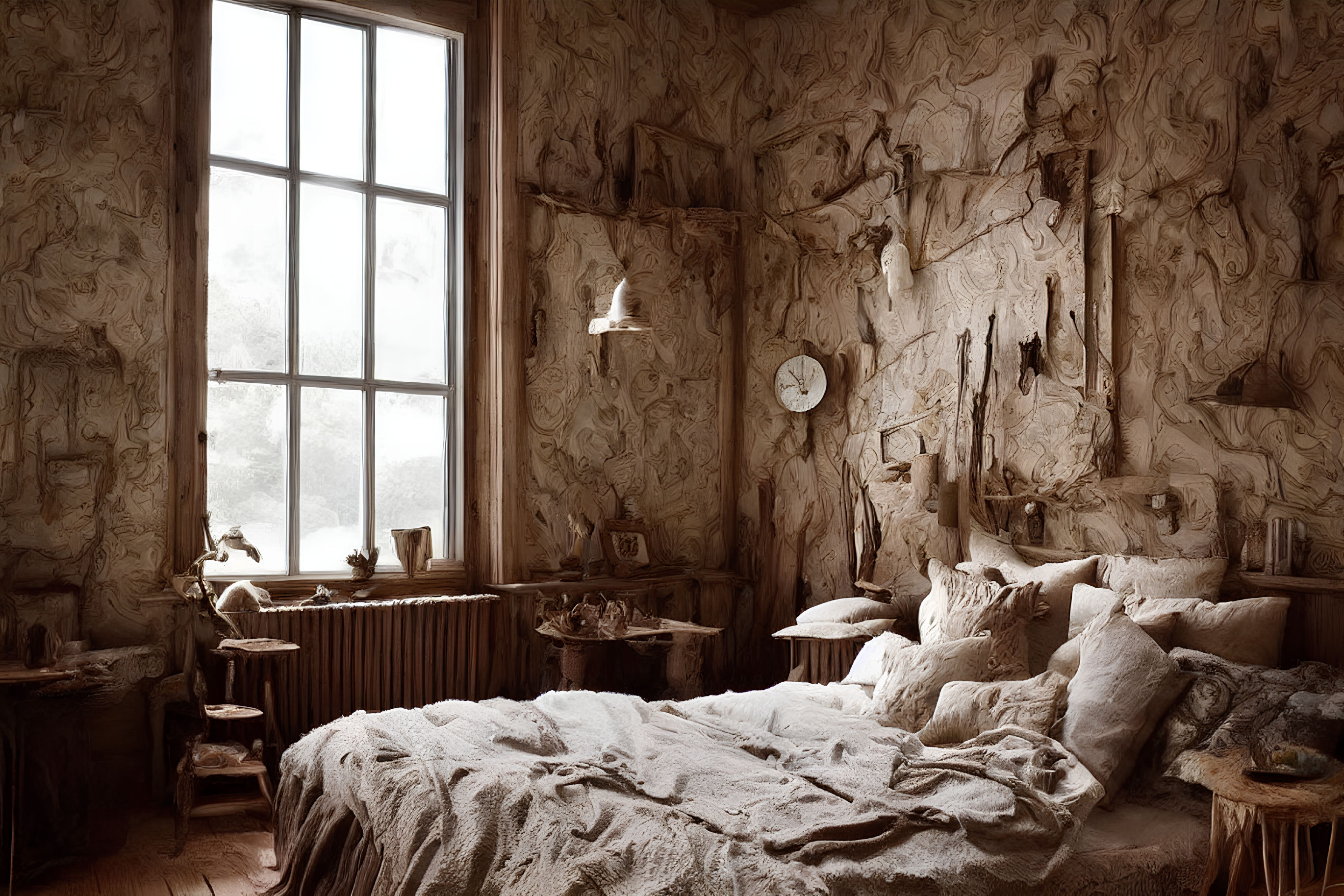 Rustic bedroom with sculpted wood art, wooden furniture, cozy bed, and vintage interior