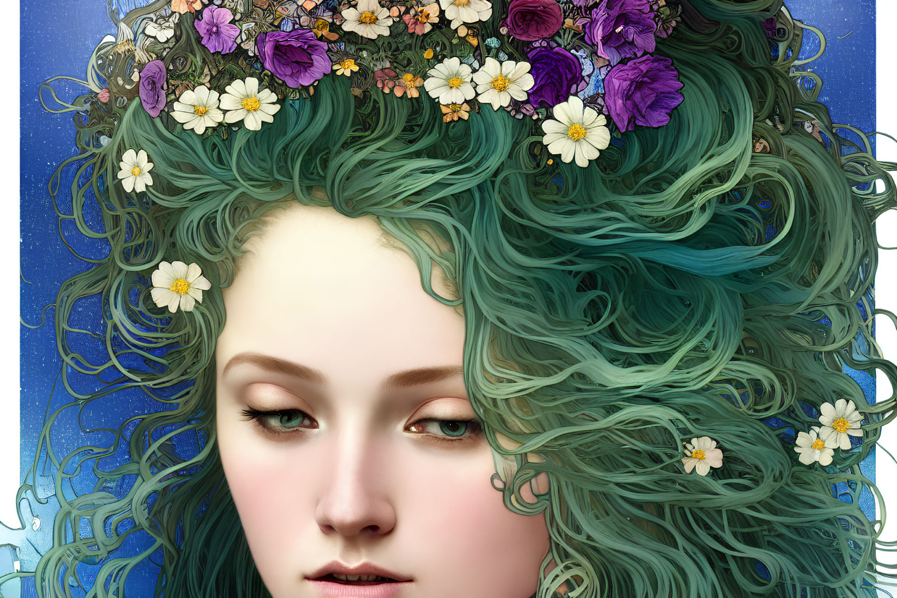 Colorful Flower Adorned Woman with Green Hair in Celestial Background