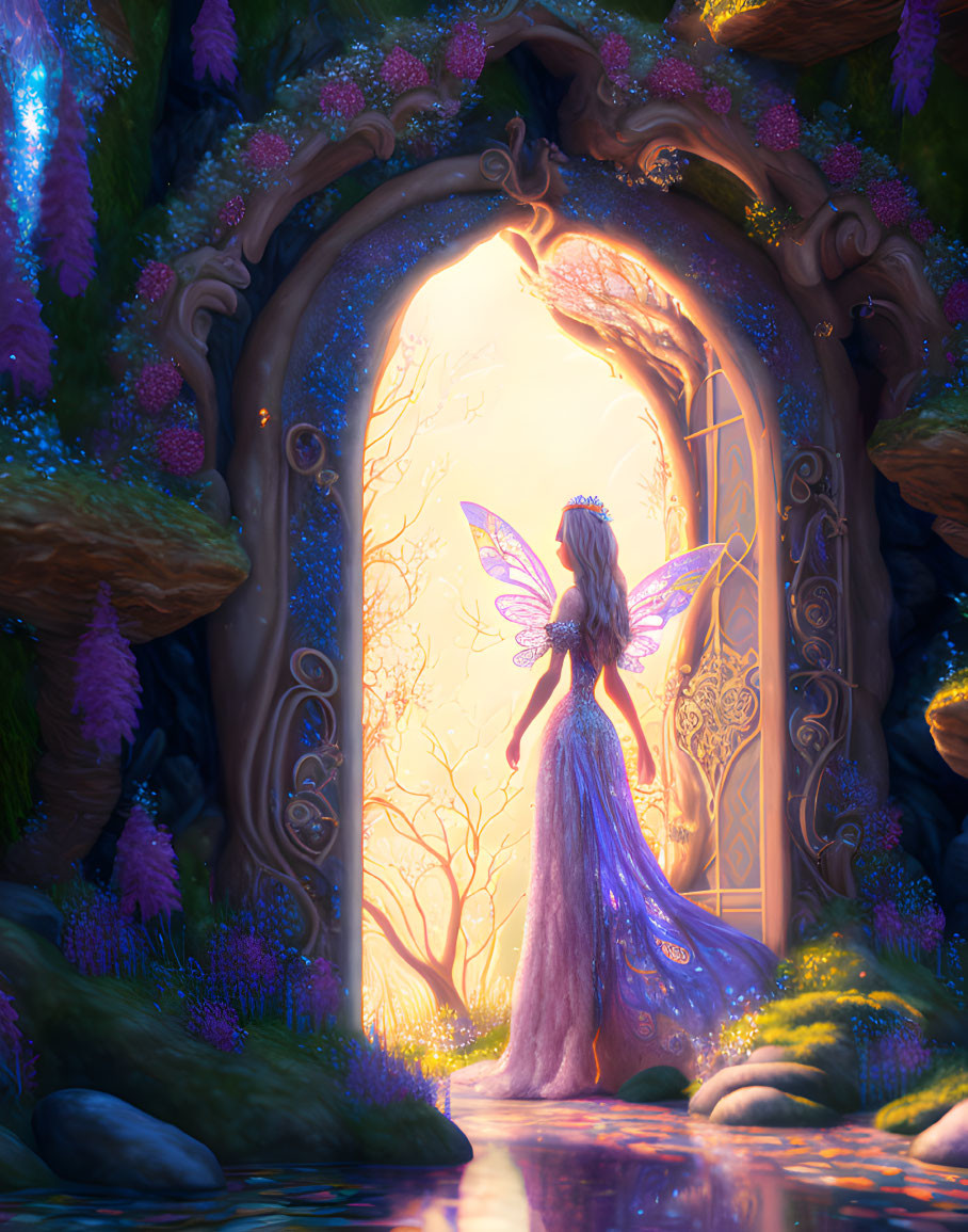 Translucent-winged fairy at ornate forest gateway with warm glow