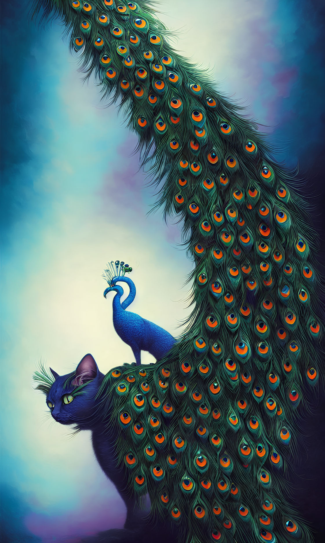 Colorful Peacock and Black Cat Illustration on Blue Gradient Background