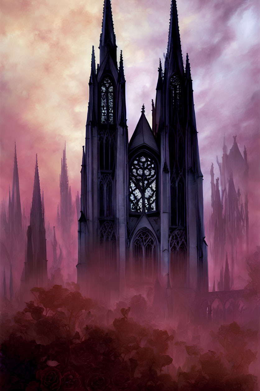 Gothic cathedral silhouette with rose window in misty landscape