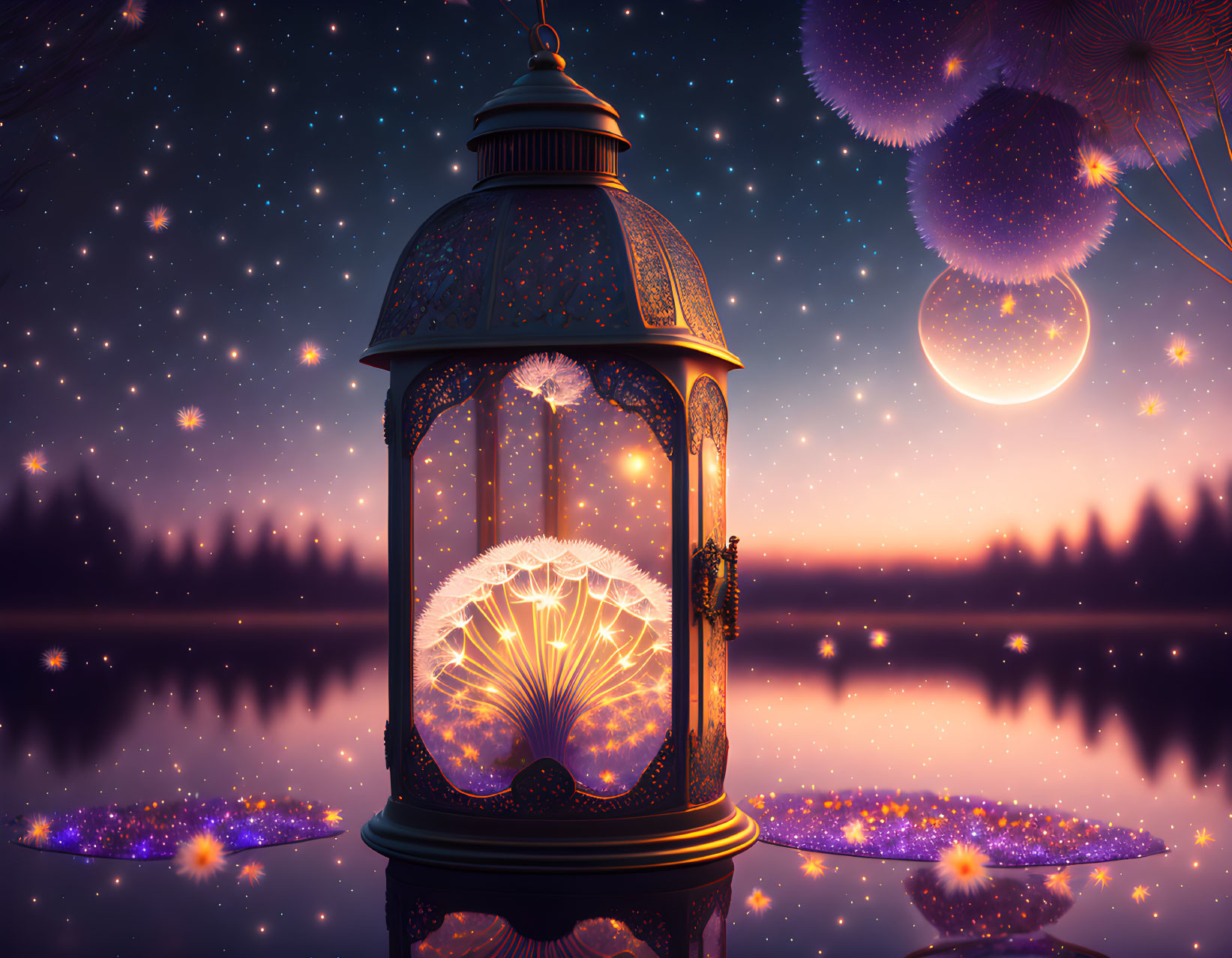 Glowing dandelion seed lantern in serene nighttime scene