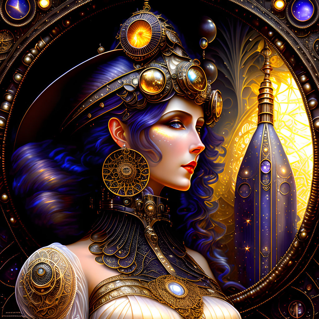 Digital Art: Woman with Blue Hair & Golden Steampunk Jewelry