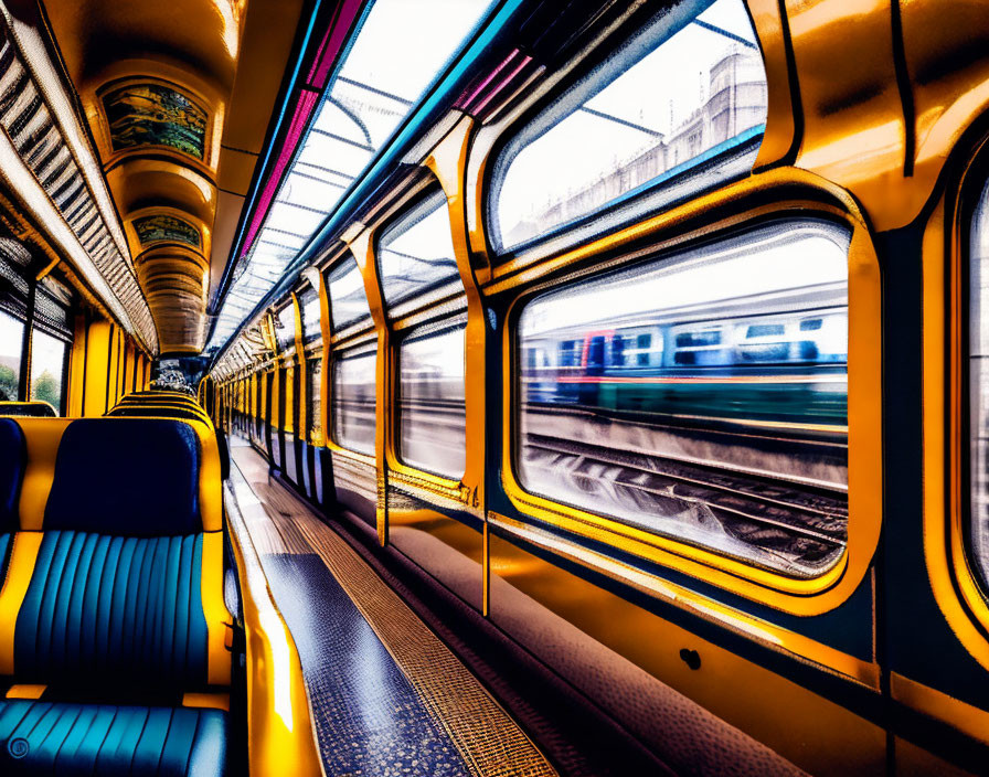 Vividly Colored Empty Train Carriage with Blue Seats and Yellow Windows