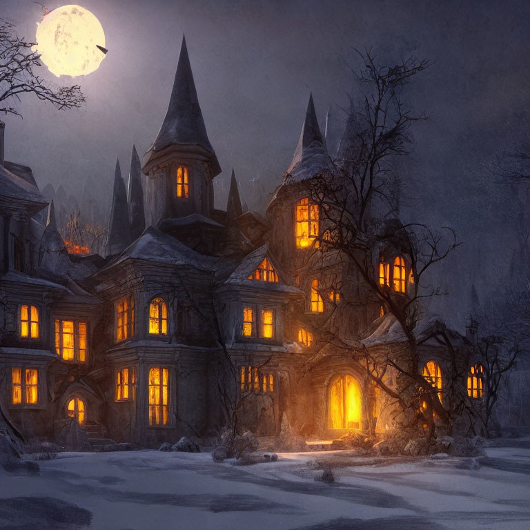 Gothic-style mansion under full moon with warm glow on snow