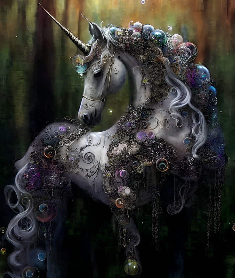 Ethereal unicorn with mechanical parts in mystical green and brown setting