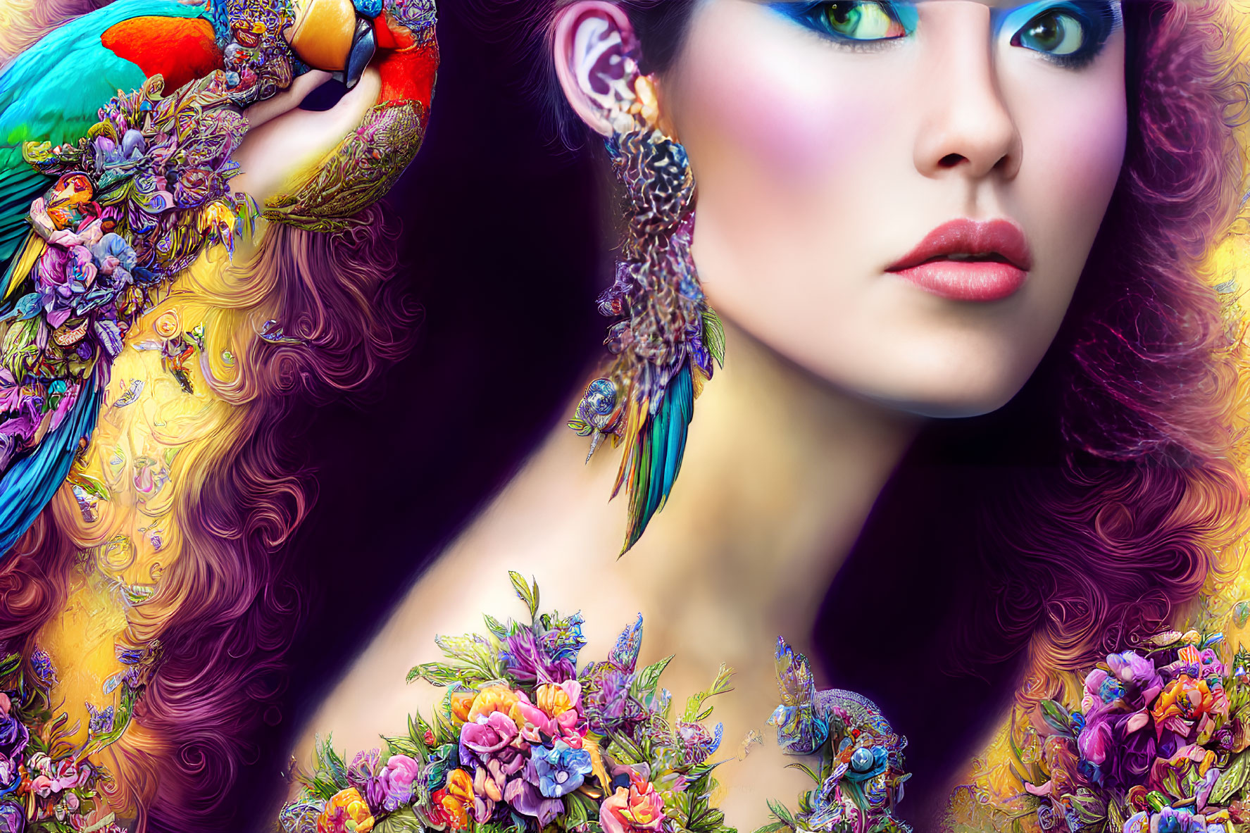 Colorful portrait of a woman with flowing hair, flowers, parrot, and feathered earrings